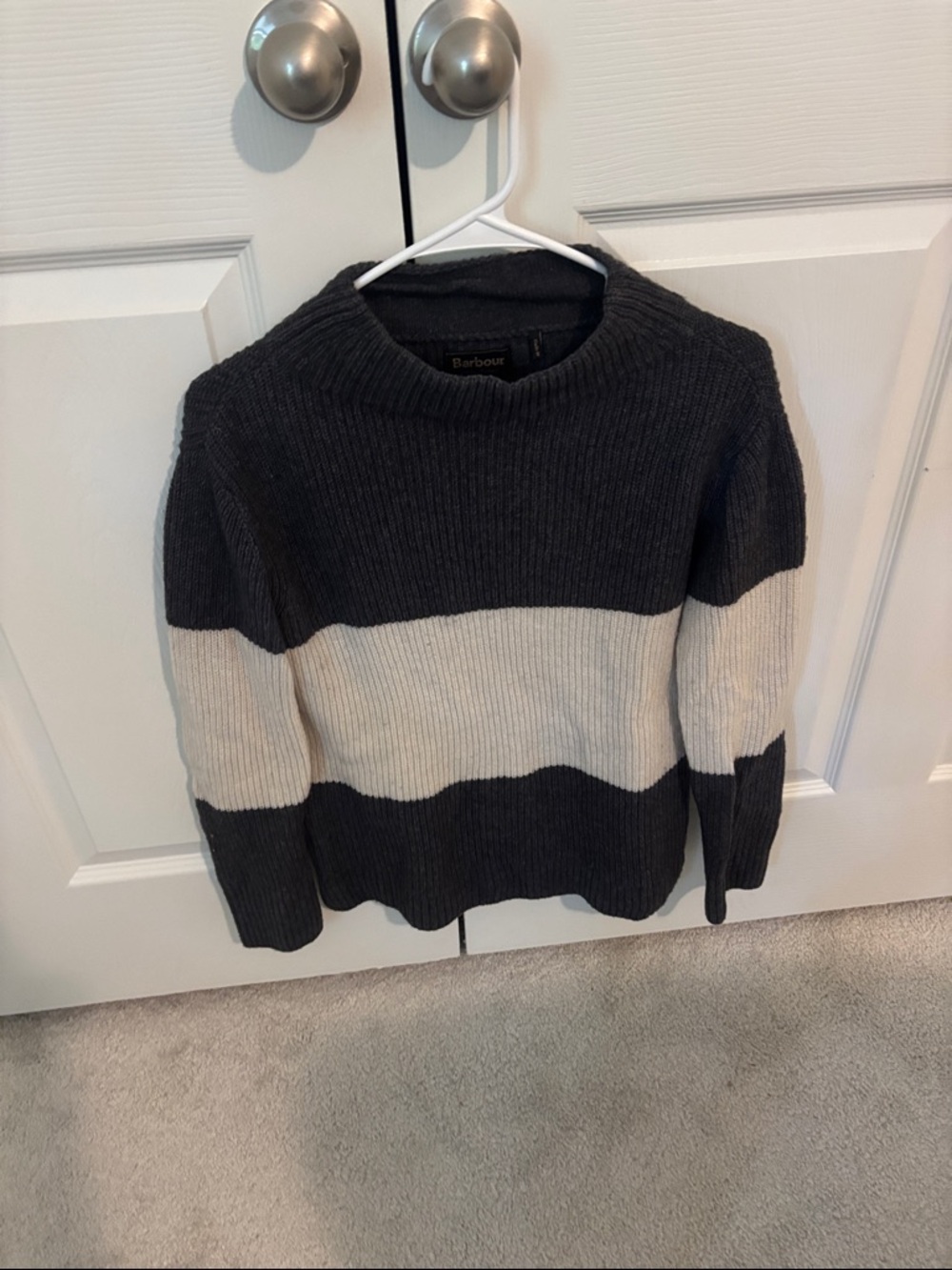 Barbour Charcoal and Cream Wide-Stripe Ribbed Crewneck Sweater